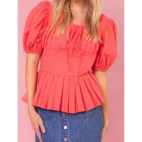 Ivy City Co Tops - Ivy City Co Coral Peplum Top Puff Sleeve Textured Blouse NWT Size S